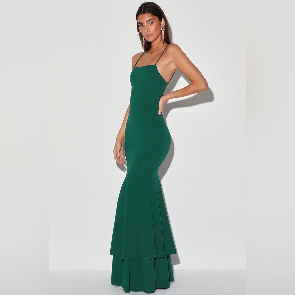 Lulus Tier and There Hunter Green Tiered Trumpet Maxi Dress Formal Homecoming L